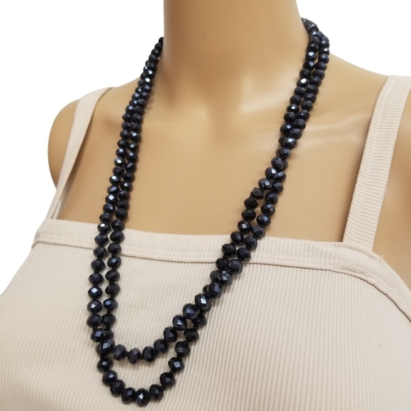 VINTAGE LONG DARK BLUE/BLACK FACETED CARNIVAL GLASS BEAD NECKLACE - Picture 2 of 4